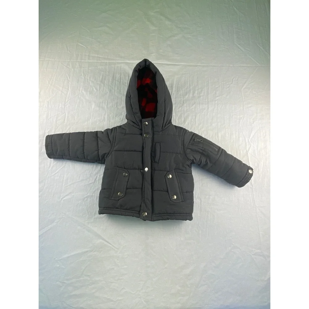 OshKosh Bgosh Boys‎ Gray Hooded Puffer Jacket Buffalo Plaid Fleece Lined 24M